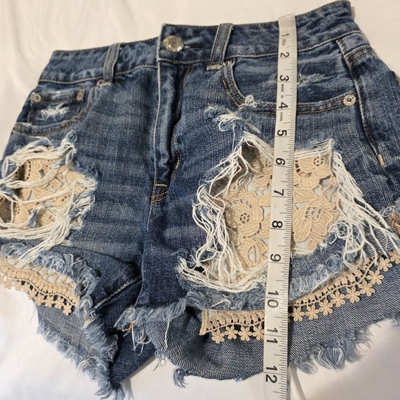 American Eagle Hi Rise Festival Womens Denim Shorts Size 0 Lace Pockets Jeans - Picture 9 of 9